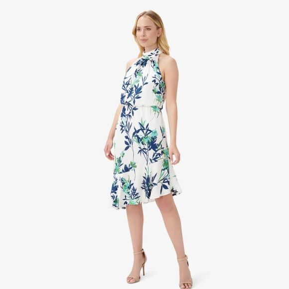 Adrianna Papell White Floral Textured Chiffon Halter Neck Blouson 14 NWT $159 - Picture 4 of 6